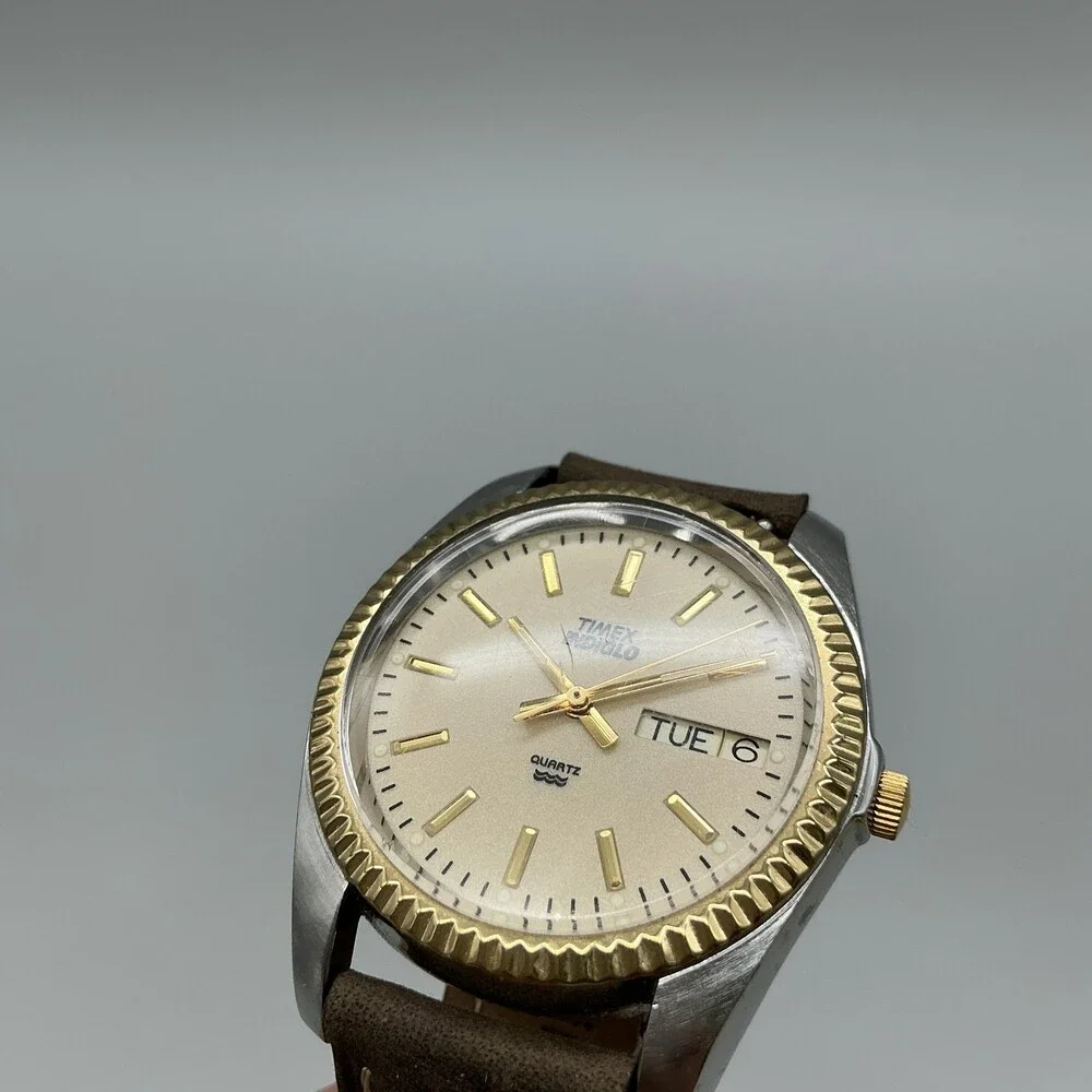 Vtg Timex Indiglo Mens Watch 34mm Two Tone Brown Leather Day Date New Battery